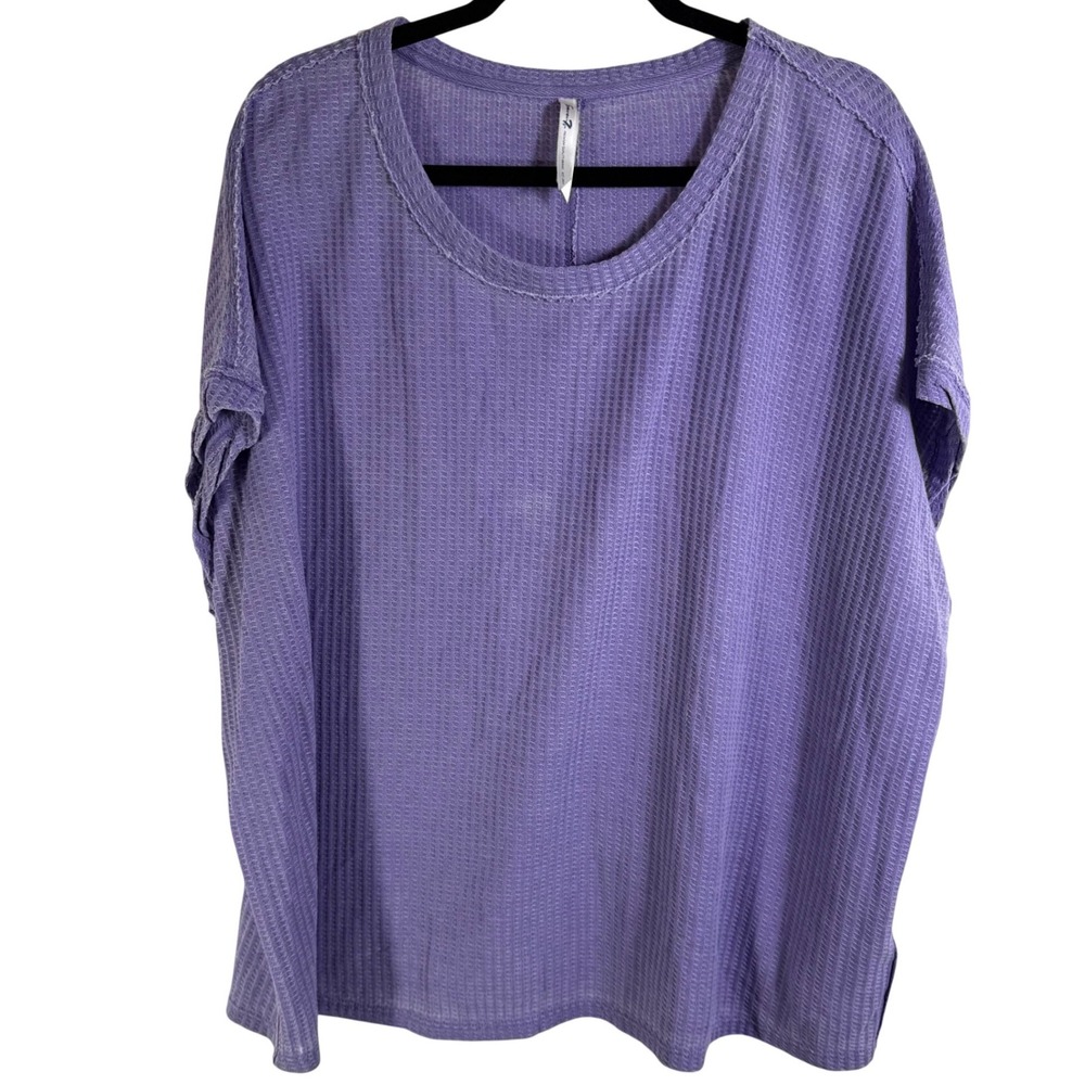 Seven7 Women 2X Purple Waffle Knit Thermal Top Short Sleeve Scoop Neck 291323